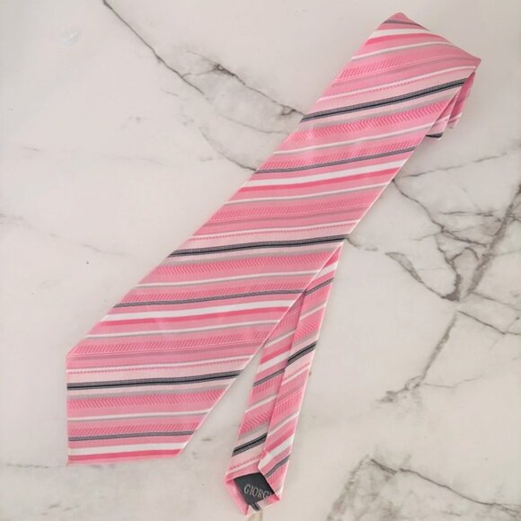 Giorgio Armani Pink and Gray Striped Silk Mens Standard Tie - Picture 3 of 6